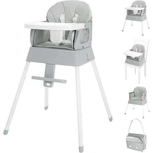5 in 1 Foldable Baby High Chair,Convertible Highchair for Babies and Toddlers-Portable Infant Booster Seat,Carry Small Box,Dining Chair,Toddler High Chair with 5-Point Harness,Removable Tray-Grey