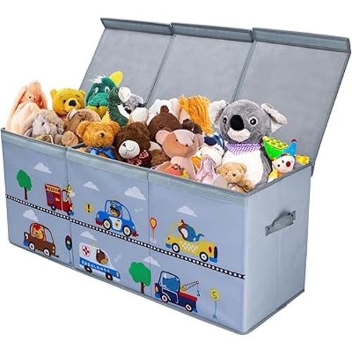 Toy Box Chest for Kids, Collapsible Oxford Toy Storage Box with Handles for Boys, Extra Large Sturdy Waterproof Toy Organiser for Bedroom Playroom, 37.7×12.5×15.7 Inch (Animal Cars)