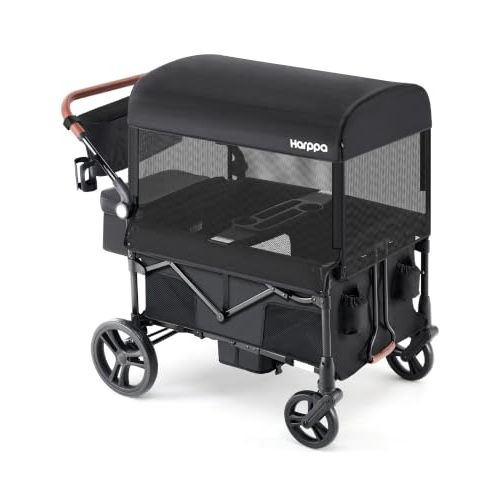 Harppa Remy 4 Seater Wagon Stroller, Foldable with Canopy for 4 Kids | Wagon Strolle with Mosquito Net Canopy,Snack Tray, 8''/12''All-Terrain Wheels, 280Ibs Capacity for Zoo, Family Outings