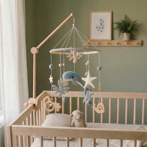 Ocean Baby Mobile with Felt Whale & Wooden Sea Creatures, Under the Sea Nursery Decor, Nautical Crib Mobile, Optional Wooden Arm Attachment