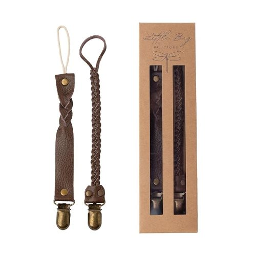Little Bug Boutique 2-Pack Leather Baby Pacifier Clips - Neutral Pacifier Holders for Baby Girls & Boys, Paci & Binky Clips or Strap for Toys & Teethers (Mocha Brown), Pacifier NOT Included