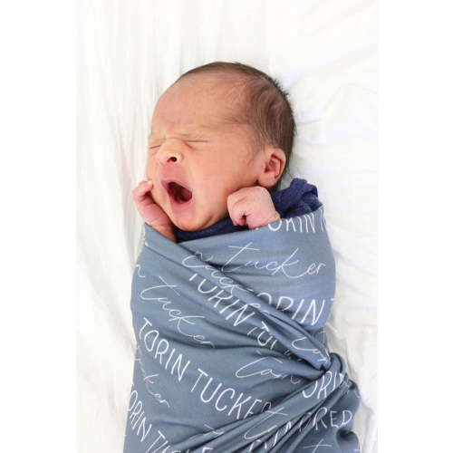 Personalized Dusty Blue Baby Name Swaddle Blanket - Block & Script