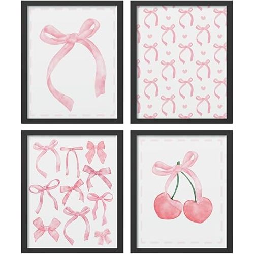 Hxlac Pink Bow Coquette Wall Art Prints Set of 4 Unframed - Pink Preppy Wall Decor, Coquette Preppy Aesthetic Bow Cherry Teen Girl Dorm Room Decor, Preppy Coquette Room Decor(8x10 Inches)