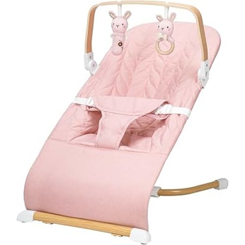 Portable Baby Bouncer, Bouncer Seat for Babies 0-12 Months, 3 Recline Positions, Foldable Baby Rocker Chair with Removable Wooden Toy Bar, Pink