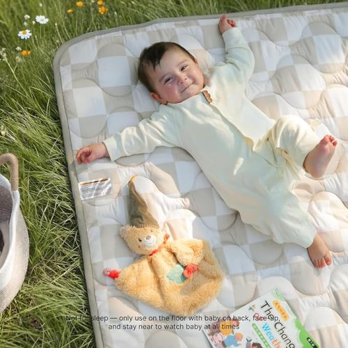 Momcozy Baby Play Mat for Floor, 50x50 Thickened Playpen Mat, Playmate for Baby Tummy Time, Waterproof & Non-Slip, Foldable Outdoor Mat with Carrying Handle, Khaki Plaid