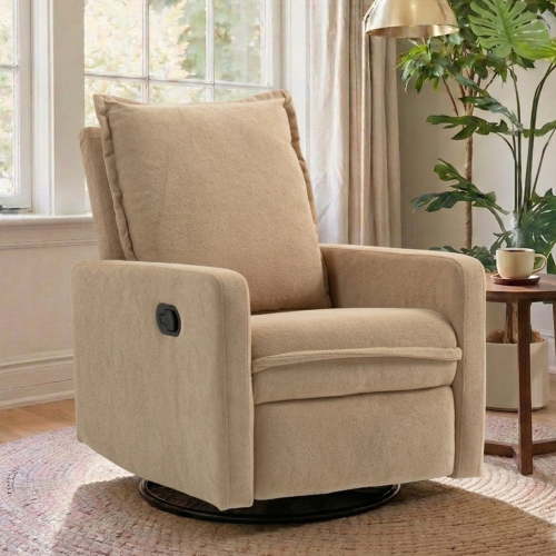 Paproos Swivel Rocker Recliner, Velvet 360°Swivel Rocking Recliner, Glider Rocking Chair for Nursery, Small Rocker Chair for Small Space, Manual Recliner for Adults for Home Theater, Camel