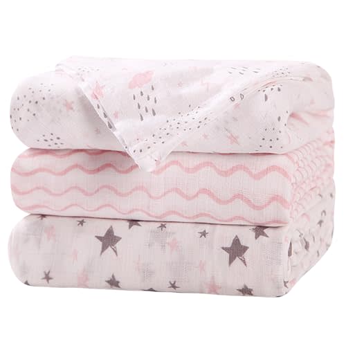 Little Grape Land Muslin Swaddle Blankets 47''x47'' 3 Pack, 100% Cotton Large Size Baby Swaddles for Newborn, Soft Breathable Baby Blankets for Newborns, Pink