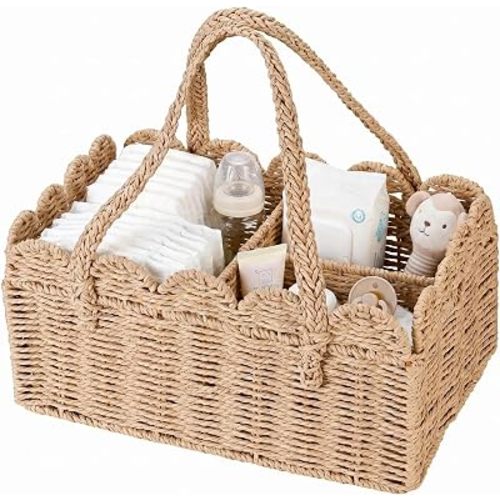 Large Scalloped Paper Rope Diaper Caddy, Nursery Storage Basket with Removable Divider & Handle, Portable Car Organizer for Baby, Newborn Essentials Must Haves