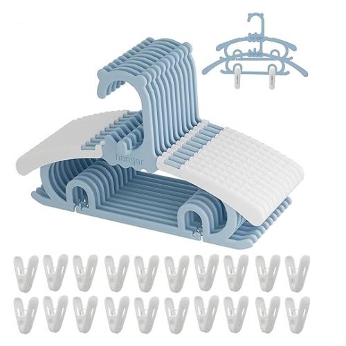 Baby Kids Clothes Hangers with Clips, 10 Pack Toddler Infant Childrens Hanger for Closet, Plastic Adjustable Stackable Hangers for Baby Clothes, Blue