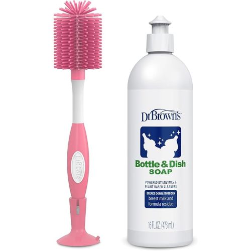 Dr. Brown's Reusable Soft Touch Baby Bottle Cleaning Brush, Pink 1-Pack & Fragrance-Free Dish Soap, 16oz