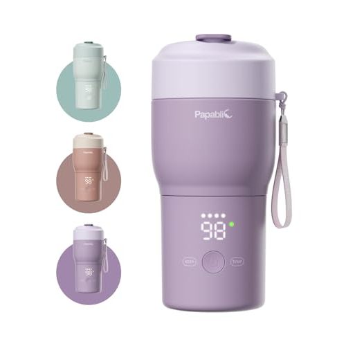 Papablic Portable Bottle Warmer for Travel – Fast Heating, Built-in Sterilizer, 30W Fast Charge, 5-Temp Control, Easy-Clean Wide Mouth, Baby Milk Warmer for Breastmilk & Formula