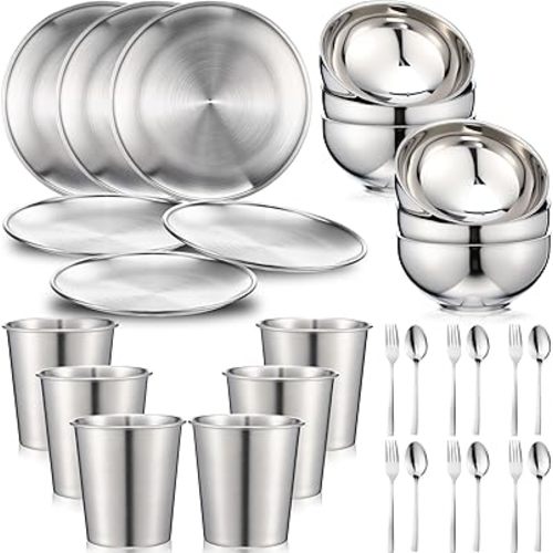 Jinei 30 Pcs 304 Stainless Steel Dinner Set Stainless Steel Plates and Bowls Include Plates Bowls Cups Forks Spoons Utensil Reusable Metal Camping Dinnerware Tableware for Home Picnic Kitchen(Silver)