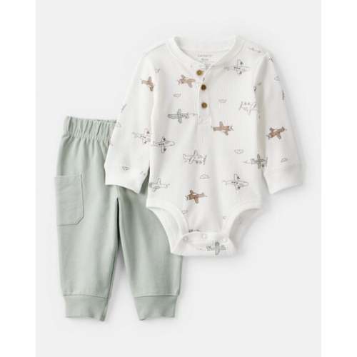 Baby Boy 2-Piece Airplane Thermal Bodysuit & Jogger Set - Green/White | Carter's
