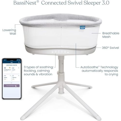 HALO BassiNest Connected Swivel Sleeper 3.0 – Smart Bassinet with AutoSoothe™, 360° Swivel, Cry Detection, Rocking, Vibration & Soothing Sounds, Easy Lowering Wall for Postpartum Recovery
