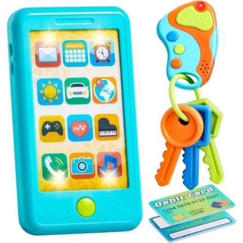 SYNCFUN Pretend Play Smart Phone, Keyfob Key Toy and Credit Cards Set, Kids Toddler Cellphone Toys, Toddler Birthday Gifts