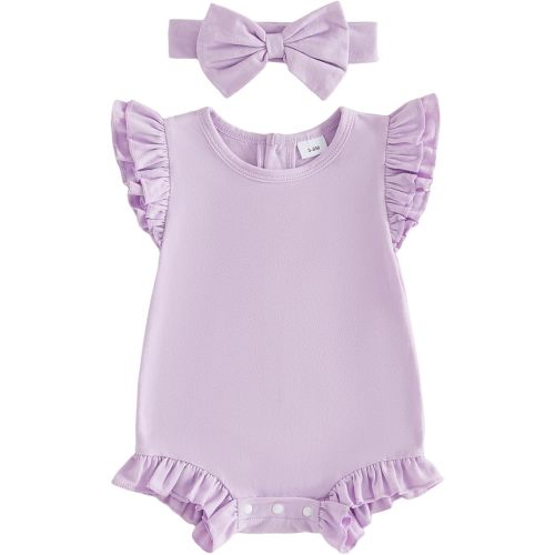 Newborn Baby Girl Summer Outfit Solid Ruffle Bubble Romper Shirt Flutter Sleeve Bodysuit Headband Clothes