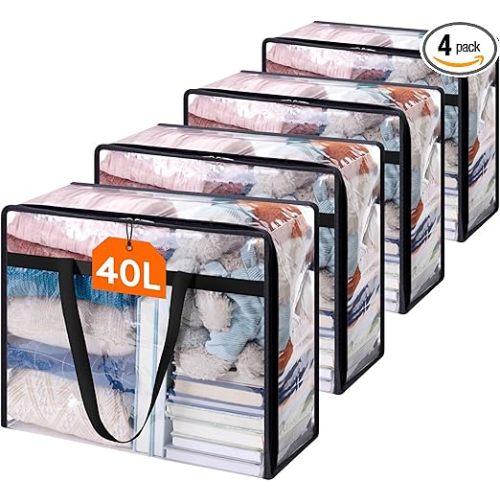 Lifewit 4 Pack Clear Clothes Storage Bags, 40L Plastic Blanket Storage Bag, Vinyl Foldable Moving Bags with Zipper, Closet Organizers and Storage Containers for Bedding, Duvet, Comforter