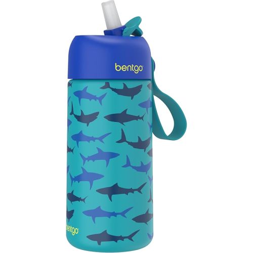Bentgo® Kids Stainless Steel Insulated Water Bottle - Leak-Proof; Keeps Cool for 12 Hours; Durable, BPA-Free, Dishwasher Safe 14 oz. Cup for Ages 3+ for School/Sports/Daycare (Sharks)