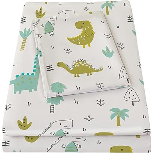 Sábanas individuales para niños, sábanas y fundas de almohada de microfibra suave de dinosaurio para niñas con correas elásticas en las esquinas, color verde
