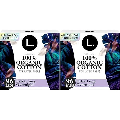 L. Ultra Thin Pads for Women, Overnight Absorbency, Organic Cotton Top Layer, Unscented Pads with Wings,96 Count (Pack of 2)