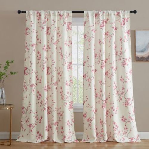 HLC.ME Jasmine Floral Patterned Window Rod Pocket Curtains - Light Blocking Darkening Window Panels, Set of 2 - Pink, 52 W x 63 L