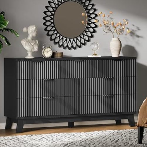 Xixini Fluted Dresser with 7 Drawers, 58" Wide Wood Chest of Drawers with Metal Handle, Wooden Dresser TV Stand, Modern Closet Clothes Storage Organizer for Bedroom, Living Room, Hallway, Solid Black