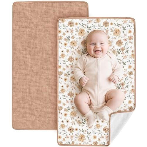 Konssy 2 Pack Waterproof Muslin Cotton Portable Changing Pad 30"x 17", Soft & Foldable Baby Changing Mat Travel Pad with Terry Backing, Shower Gift for Newborn Girls Boys (Toffee,Flourish)