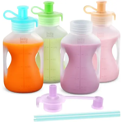 Silicone Reusable Baby Food Pouches with Straws, Leakproof Refillable Squeeze Pouches, Dishwasher, Freezer, Microwave Safe, Baby Food Storage for Homemade Puree, Yogurt, 5oz, 4pcs
