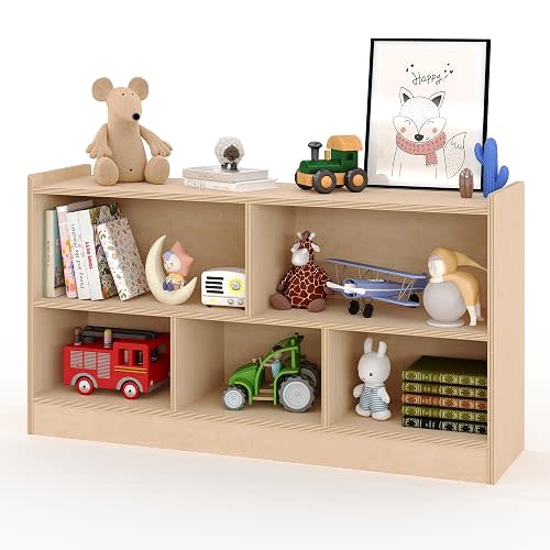 GarveeLife Wooden Bookshelf, 5-Section 2-Tier Toy Storage Organizer, Open Shelving Kids Book Shelf for Playroom Nursery Classroom Kindergarten