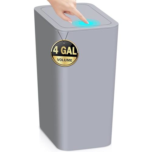 4 Gallon Bathroom Small Trash Can with Lid, 15L Slim Garbage Bin Wastebasket with Pop-Up Lid for Bedroom, Office, Kitchen, Dorm, Fits Under Desk