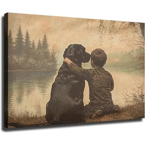 Black Labrador Retriever and Boy Pattern, Neutral-toned Nursery Decorative Painting, Country-style Nursery Poster, Vintage Children's Bedroom Art, Country-style Oil Painting, Framed Wall Art. (Framed,08×12 inch)