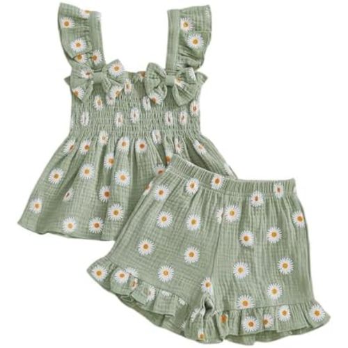 Toddler Baby Girl Outfit Summer Clothes Bow Print Bowknot Smocked Camisole Tank Top Ruffle Shorts Set