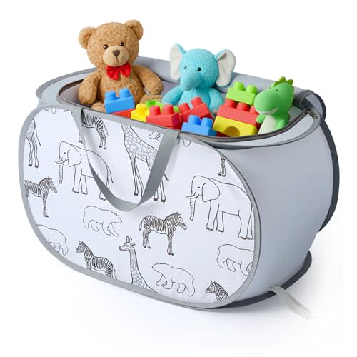 Seefoo Foldable Toy Storage Basket with Zipper Lid & Handles - Collapsible Stuffed Animal Organizer Bin, Space-Saving Lightweight Toy Chest for Kids Room, Playroom, Living Room - Animal Print, Gray