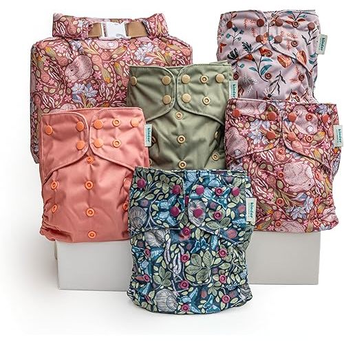 Kinder Cloth Diapers Reusable Baby Diapers Pocket Style Athletic Wicking Jersey, Wet Bag, Newborn to Potty Training 7-60lbs, One Size, Inserts NOT Included (Garden Party, 5 Pack, Without Inserts)