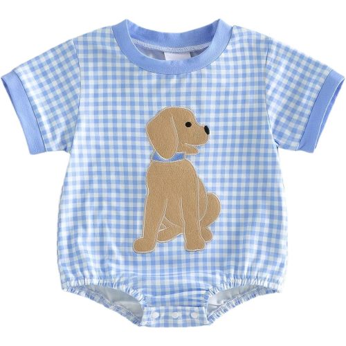 Rourufy Baby Boy Summer Clothes Puppy Plaid Bubble Romper Short Sleeve Onesie Infant Cute Loose Bodysuit Newborn Outfits (C Dog Short Sleeve Blue, 3-6 Months)