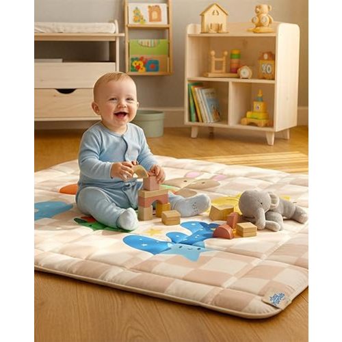 Baby Play Mat, Foldable Play Mats for Floor, 50x50 Inches Crawling Mat for Playpen with Anti-Slip Bottom, Machine Washable, Thicken Padding Foam Playmats for Babies and Toddlers (Sand Checks)