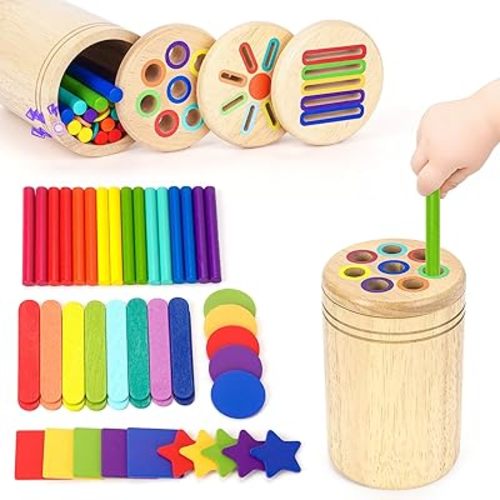 Montessori Toys: 3 in 1 Wooden Color Sorting Toys for Toddlers 1-3, Fine Motor Skills Sensory Toy and Color Matching Toy for Preschool Learning Activities, 18 Month Old Girl Boy Gifts