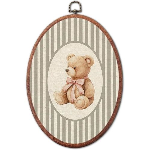 XSTWLJ Vintage Pink Bow Bear Nursery Oval Wall Art, Grey Striped Canvas Prints Framed, Retro Decor Wall Art Hanging Decor for Bedroom Living Room Kids Toddler Room Playroom Decoration, 8.6x11.4 Inch