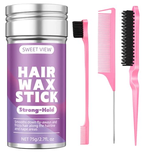 SWEET VIEW Hair Wax Stick & Slick Back Hair Brush for Tame Flyaways, Frizz, Sleek Ponytail, Buns | Pomade/Balm/Gel Stick for Woman, Styling Accessories for Girls