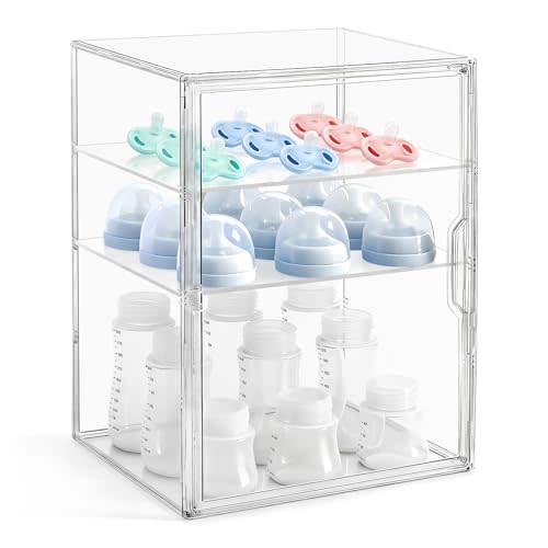 LANLISA Baby Bottle Storage Organizer for Countertop, 3 Tiers Clear Acrylic Bottles Station Organizer, Bottle Storage Container with 2 Removable Dividers