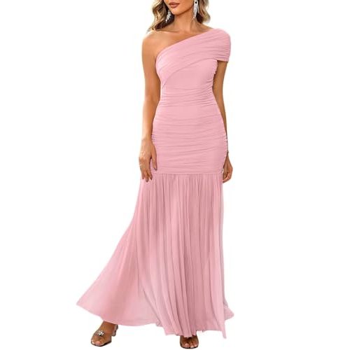 LAGSHIAN Women's Elegant Formal Long Dress One Shoulder Sleeveless Ruched Bodycon Evening Dress