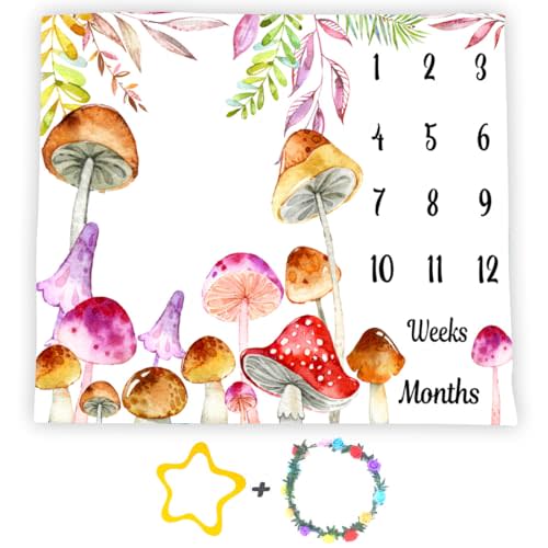 Mushroom Theme Baby Monthly Milestone Blanket, Watercolor, 48x40in | Tropical Eucalyptus Leaf, Soft Flannel, Spring Botanical, Newborn Mom Gifts, Baby Shower, Photography Props Banner