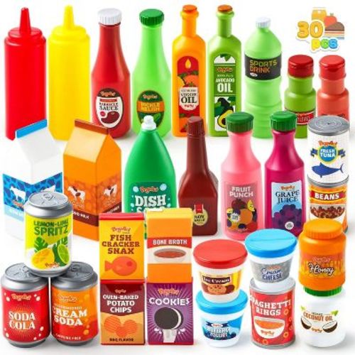 Joyfy 30Pcs Play Food Grocery Cans Set with Drinks, Jars, Snacks & More, Play Kitchen Toy,Christmas Birthday Gift for Kids Imaginative Indoor Play