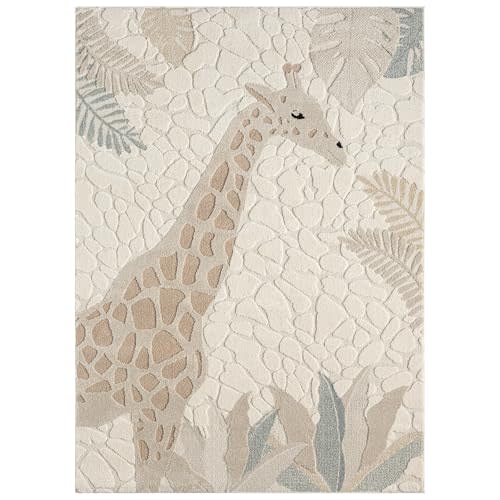 TOWN & COUNTRY PLAY Jungle Giraffe Kids Area Rug, Soft & Plush, Calming, Bedroom Rug, Nursery Decor, Playroom & Classroom Rugs, Beige/Multi, 5'2"x7’2”