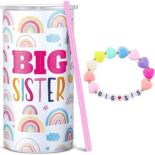 Maxcheck 2 Pcs New Big Sister Gift for Toddler 12 oz Pink Big Sister Cup Stainless Steel Tumbler with Leak Proof Lid and Straw Baby Mug Bracelet Announcement Jewelry for Little Girl Toddler
