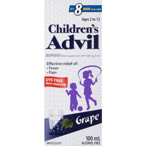Children's Advil (100 ML, Grape Flavour) Ibuprofen Suspension Dye Free Temporary Fever Reducer