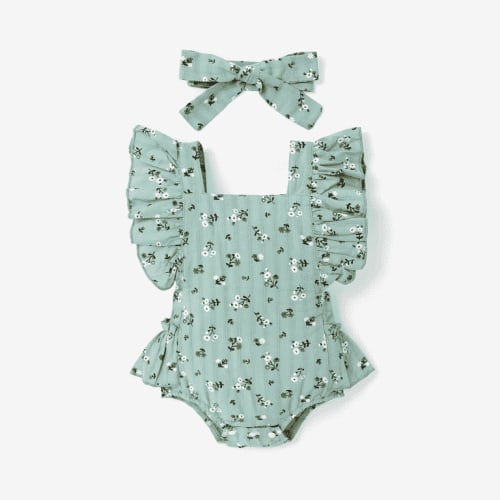 PatPat 2pcs Baby Girl Allover Floral Print Ruffle Trim Sleeveless Romper & Headband Set