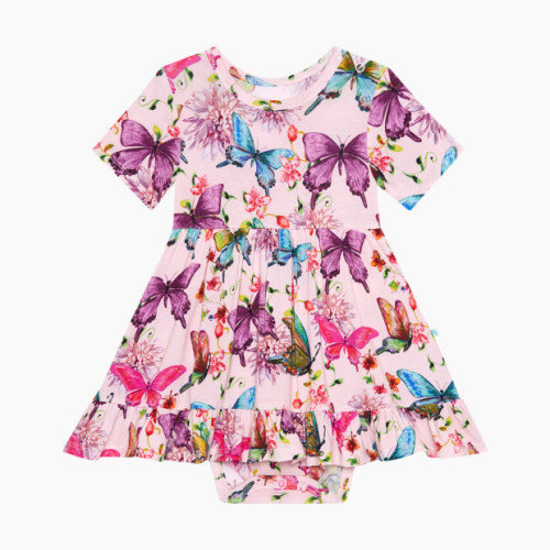 Posh Peanut Short Sleeve Ruffled Bodysuit Dress - Watercolor Butterfly, 0-3 Months