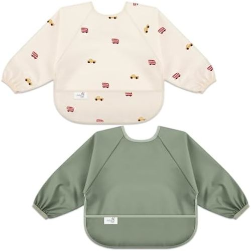 Long Sleeve Baby Bib, Waterproof Fabric, Catch-All Pocket, Baby Smock Bib, Adjustable Sleeves