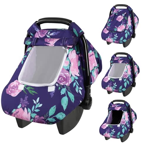 Windproof Baby Car Seat Cover, 3D Mink Dot Infant Car Seat Canopy with Breathable Mesh Window, Baby Carrier Cover for All Seasons, Easy Access Carseat Carrier Snug Fit Infant Stroller(Purple Flower)